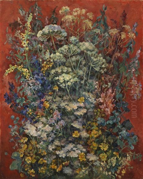 Bouquet Of Flowers On A Red Background by Alexandr Aleksandrovich Osmerkin