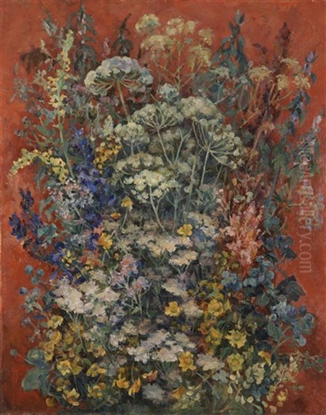 Bouquet Of Flowers On A Red Background by Alexandr Aleksandrovich Osmerkin