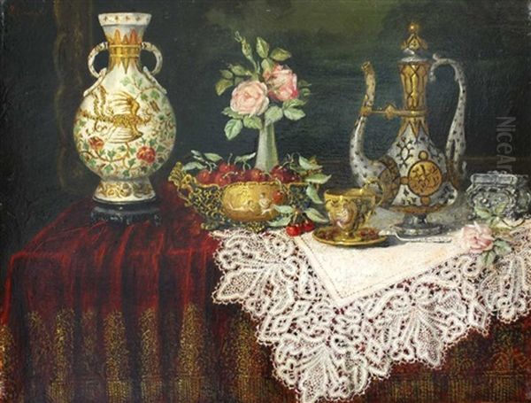 Stillleben Auf Einem Tisch Mit Asiatischem Gefas, Schale Mit Kirschen Und Rosen In Einer Vase Oil Painting by Josefine Osnaghi