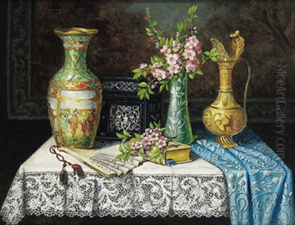 Stilleben Mit Chinesischer Vase, Facher Und Kirschbluten Oil Painting by Josefine Osnaghi