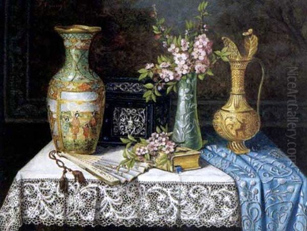 Stilleben Mit Chinesischer Vase, Facher Und Kirschbluten Oil Painting by Josefine Osnaghi