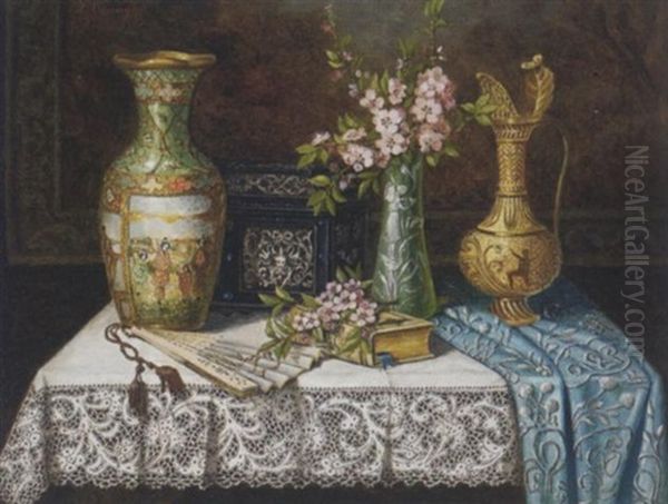 An Elaborate Carafe, Two Vases And A Casket On A Lace Draped Table Oil Painting by Josefine Osnaghi