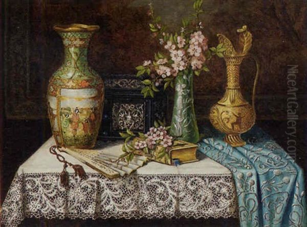 An Elaborate Carafe, Two Cases And A Casket On A Lace Draped Table Oil Painting by Josefine Osnaghi