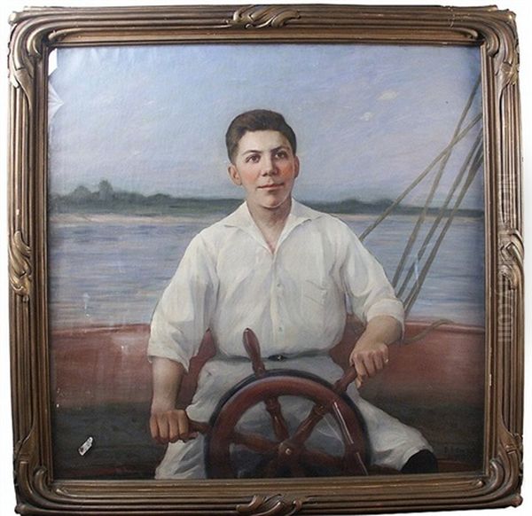 Portrait Of A Young Eric H.l. Sexton At The Helm Oil Painting by Benedict Anton Osnis