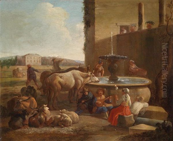 Lagernde Hirten Mit Vieh An Einem Brunnen Oil Painting by Jan van Ossenbeeck