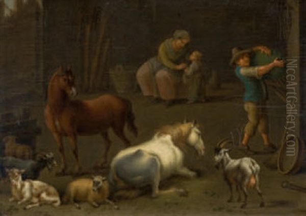 Stall Mit Bauernfamilie, Pferden, Schafen Und Ziegen Oil Painting by Jan van Ossenbeeck