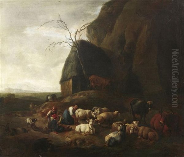 Hirten Und Vieh Vor Einem Felsmassiv Oil Painting by Jan van Ossenbeeck