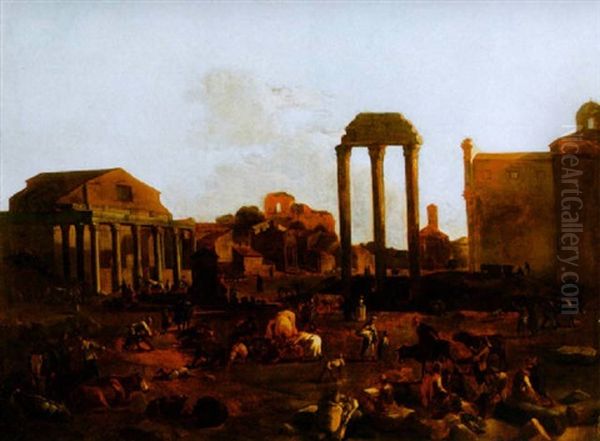 Hajnali Vasarozok A Forum Romanumon Hatterben A Saturnus Templommal, Es A Tabulariummal  (dawn Marketers On The Forum Romanum With The Church Of Saturn And The Tabularium) Oil Painting by Jan van Ossenbeeck