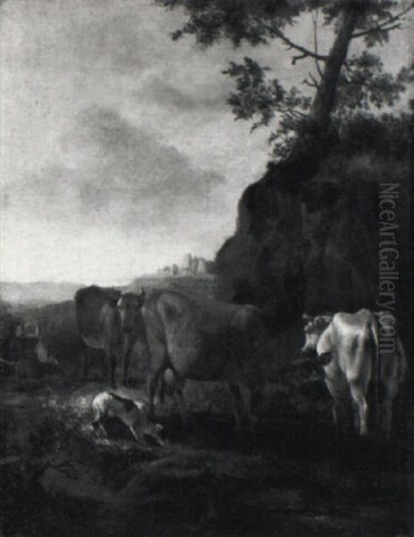 Italianate Landscape With Cows Watering And A Shepherd Couple Oil Painting by Jan van Ossenbeeck