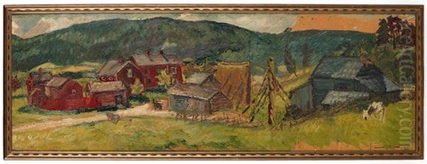 Landskap Med Roda Hus Oil Painting by Helmer Osslund