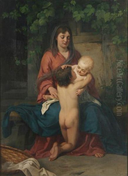 Muttergluck, Junge Mutter Mit Ihren Beiden Kindern Vor Hauskulisse Oil Painting by Joseph Blanc