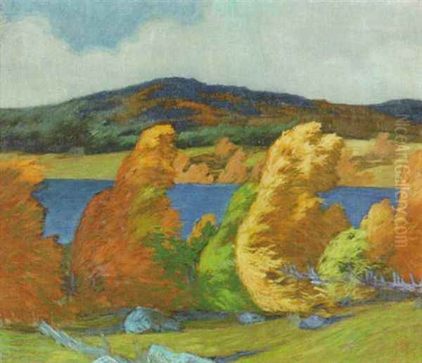 Norrlandskt Insjolandskap Med Boljande Trad Oil Painting by Helmer Osslund