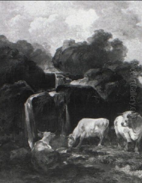 Cows Grazing Near A Waterfall Oil Painting by Helmer Osslund