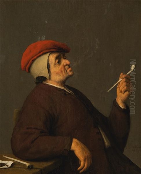 A Seated Peasant Smoking A Pipe Oil Painting by Adriaen Jansz van Ostade