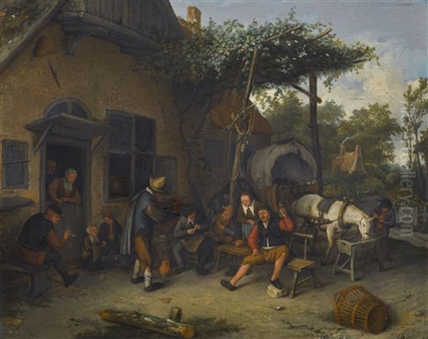 Peasants Smoking, Drinking And Making Music Before An Inn Oil Painting by Adriaen Jansz van Ostade