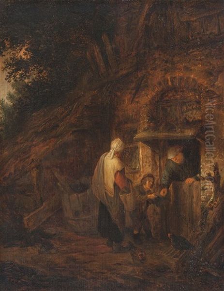 Begger At An Open Door Of A Farmhouse Oil Painting by Adriaen Jansz van Ostade