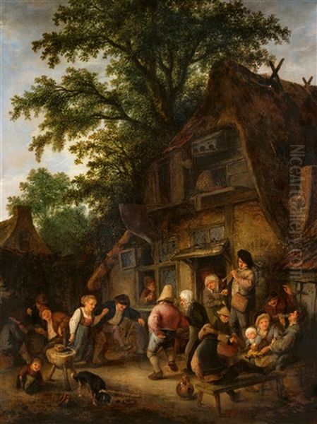 Peasant Dance By A Tavern Oil Painting by Adriaen Jansz van Ostade