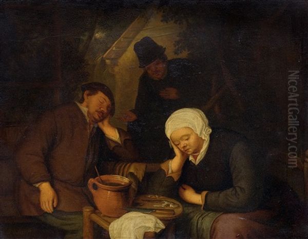 Interior With People Sleeping At A Table Oil Painting by Adriaen Jansz van Ostade