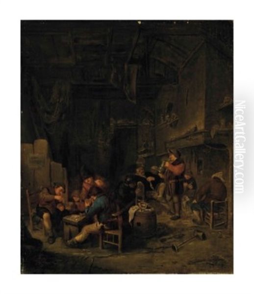 Paysans Buvant Et Jouant Aux Cartes Dans Une Taverne Oil Painting by Adriaen Jansz van Ostade