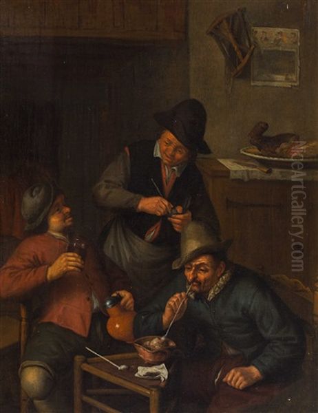 Two Smokers And Drinker In A Tavern Oil Painting by Adriaen Jansz van Ostade