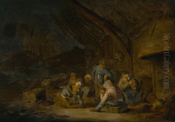 Interior With Figures Watching Children Dancing With A Dog, Beside A Fire Oil Painting by Adriaen Jansz van Ostade