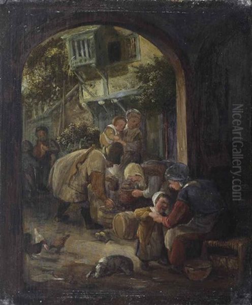 A View Of A Court Yard With A Peasant Family Oil Painting by Adriaen Jansz van Ostade