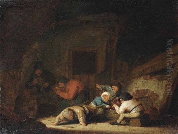 A Peasant Family Making Merry In A Barn Oil Painting by Adriaen Jansz van Ostade