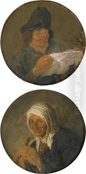 A Male Peasant Head; A Female Peasant Head Oil Painting by Adriaen Jansz van Ostade