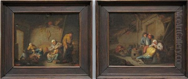 Pendants: Die Entlausung Und Das Wechseln Der Windeln Oil Painting by Adriaen Jansz van Ostade