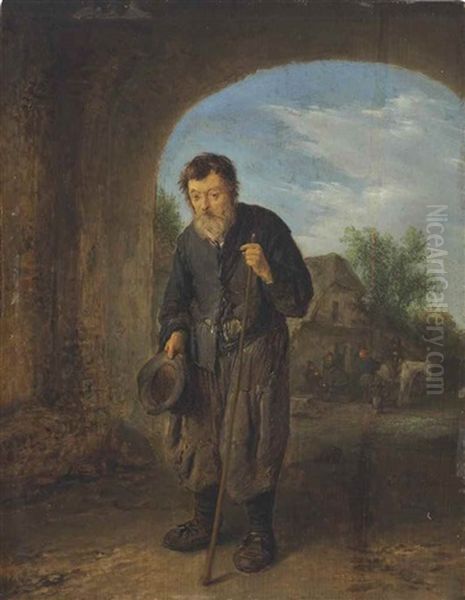 A Mendicant With A Walking Stick Under An Archway, Travellers By An Inn Beyond Oil Painting by Adriaen Jansz van Ostade