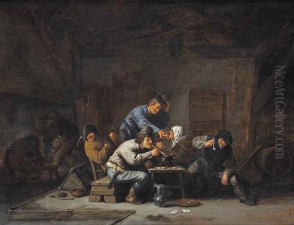 A Barn Interior With A Boor Greeting An Old Woman Seated By A Table, Other Boors Smoking And Drinking Nearby Oil Painting by Adriaen Jansz van Ostade