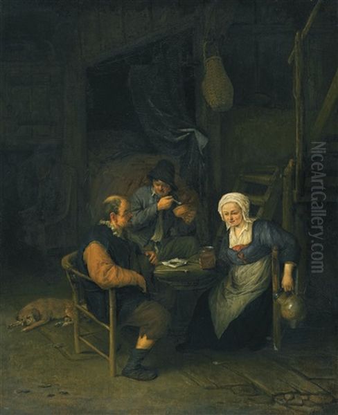 An Interior With Two Boors And A Woman Conversing, Smoking And Drinking At A Table Oil Painting by Adriaen Jansz van Ostade