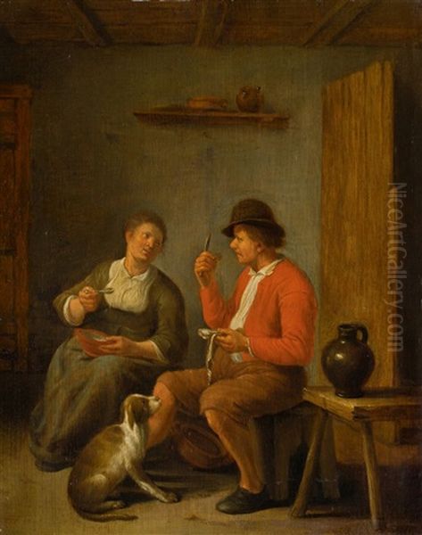 Peasant Couple With Dog, Eating A Meal Oil Painting by Adriaen Jansz van Ostade