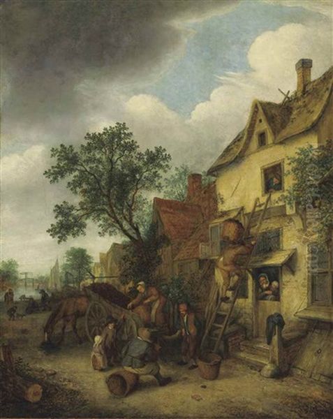 Villagers Carrying Peat Into A House Oil Painting by Adriaen Jansz van Ostade