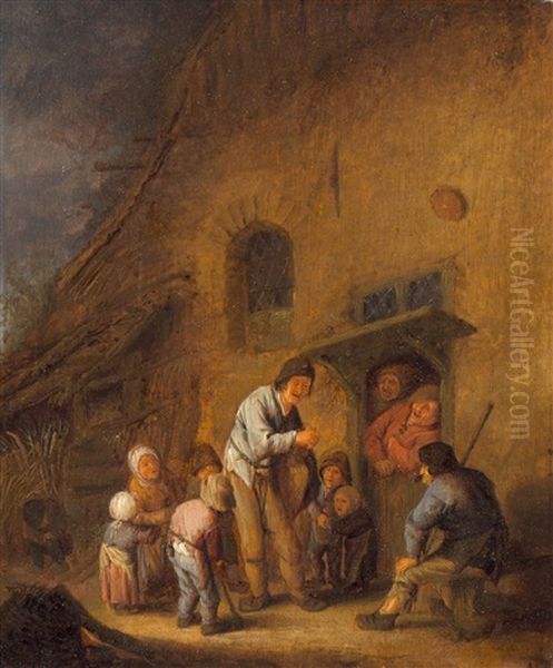 Boerenerf Met Kinderen Bij Een Draailierspeler Oil Painting by Adriaen Jansz van Ostade