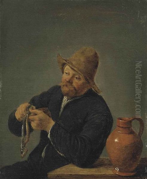 A Man Cutting Fish By A Table With An Earthenware Jug Oil Painting by Adriaen Jansz van Ostade