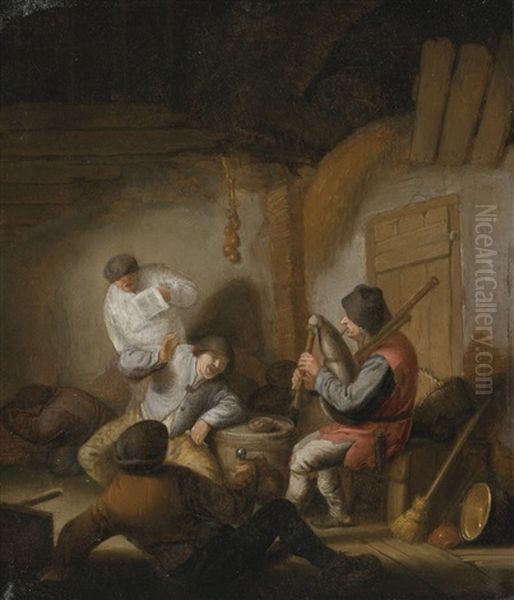 Peasants Playing Music In A Barn Oil Painting by Adriaen Jansz van Ostade