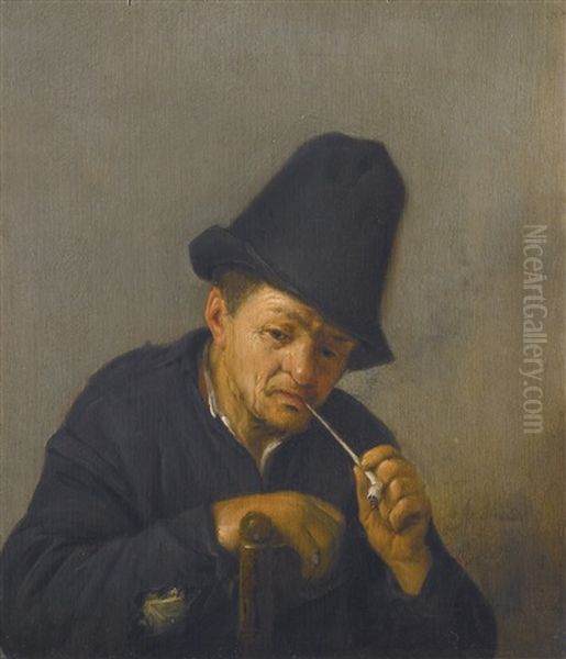 An Old Man With In A Tall Hat Leaning On A Chair Back And Smoking A Clay Pipe Oil Painting by Adriaen Jansz van Ostade