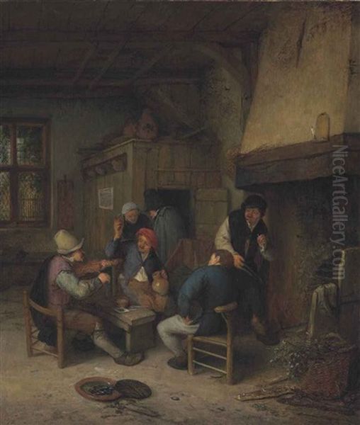 Interior Of A Tavern With Peasants Making Music And Drinking, A Basket Of Hops In The Foreground Oil Painting by Adriaen Jansz van Ostade