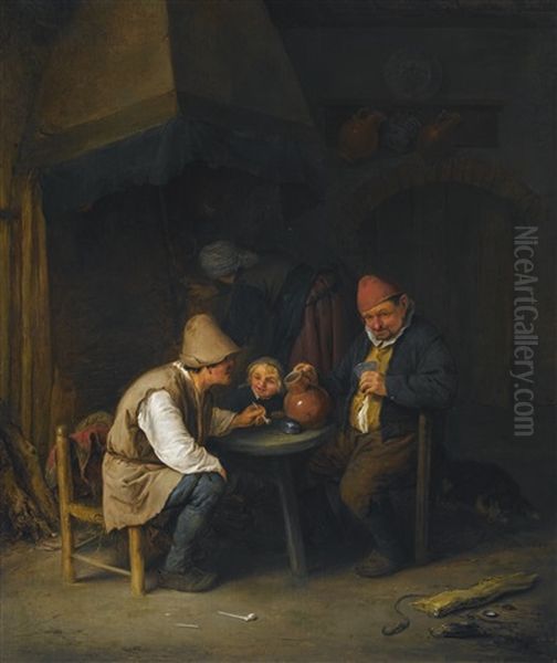 Peasant Family And Dog Beside The Hearth Oil Painting by Adriaen Jansz van Ostade