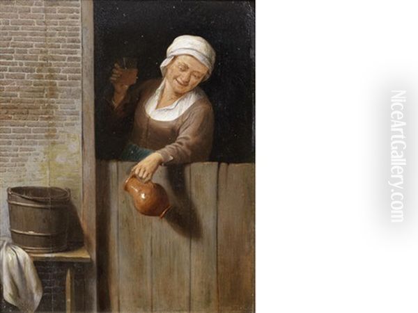 An Old Lady At A Window Holding A Pitcher And A Glass Oil Painting by Adriaen Jansz van Ostade