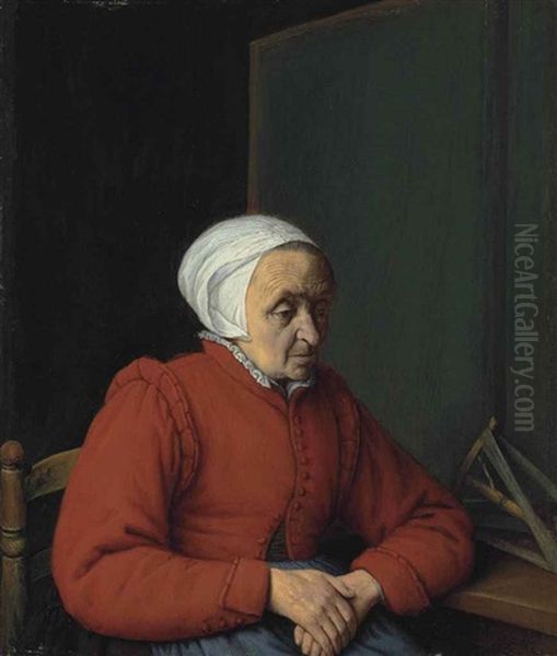 Portrait Of An Elderly Lady In A Red Coat, Seated By A Table With A Flax Winder Oil Painting by Adriaen Jansz van Ostade