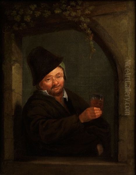 Bartiger Mann Mit Weinglas In Einem Rundbogigen Fenster Oil Painting by Adriaen Jansz van Ostade