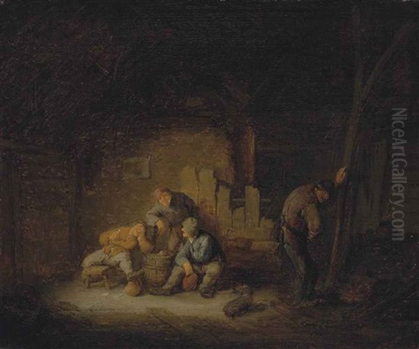 Peasants Sitting And Drinking In A Barn With A Dog Oil Painting by Adriaen Jansz van Ostade