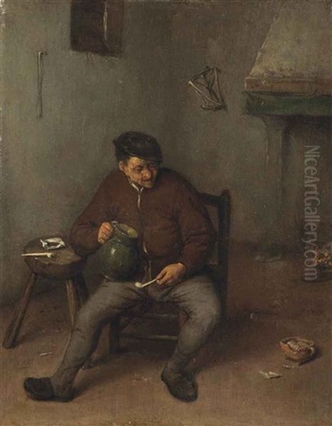 A Peasant Smoking A Pipe In An Interior Oil Painting by Adriaen Jansz van Ostade