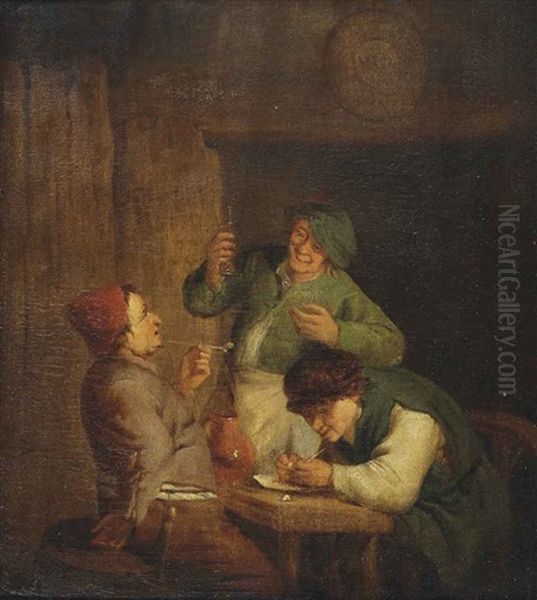 Three Men Smoking In An Interior Oil Painting by Adriaen Jansz van Ostade