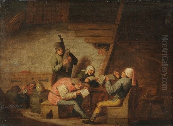 Das Gehor: Bauern Beim Singen In Einer Stube. Ursprunglich Aus Einer Reihe Von Funf Gemalden, Die Die Funf Sinne Darstellen Oil Painting by Adriaen Jansz van Ostade