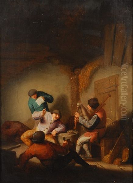 Interieur D'auberge Avec Paysans Et Joueur De Cornemuse Oil Painting by Adriaen Jansz van Ostade