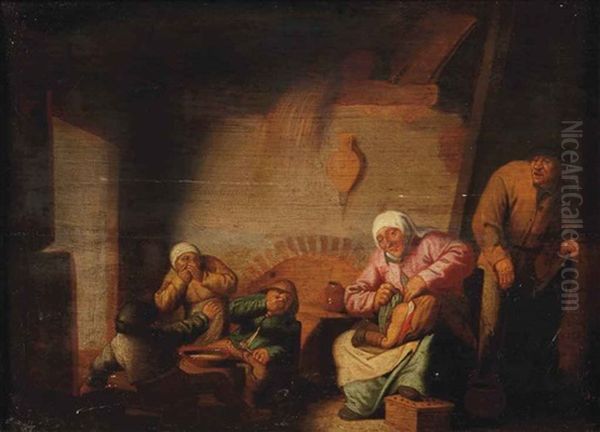 The Sense Of Smell: Boors In An Interior With A Peasant Woman Wiping A Baby's Bottom Oil Painting by Adriaen Jansz van Ostade