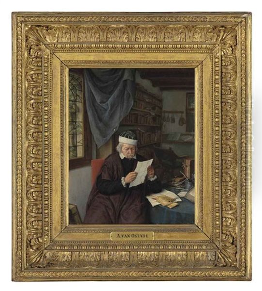 A Lawyer Seated At A Table Reading A Letter Oil Painting by Adriaen Jansz van Ostade